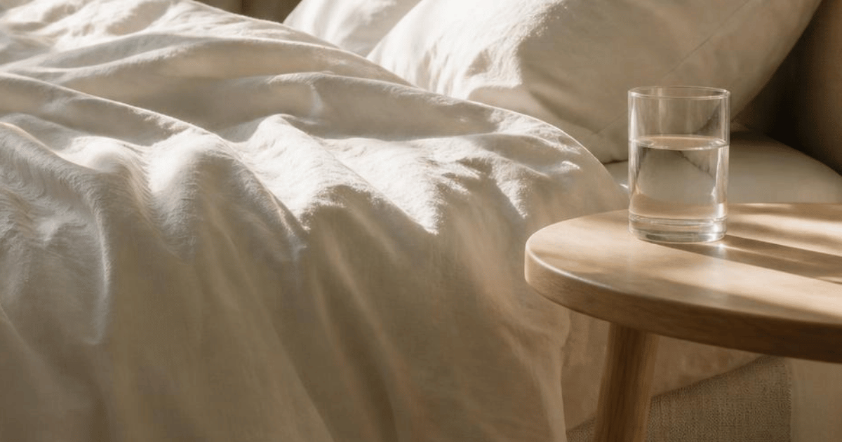 Opredt seng i morgenlys med et glas vand på natbordet